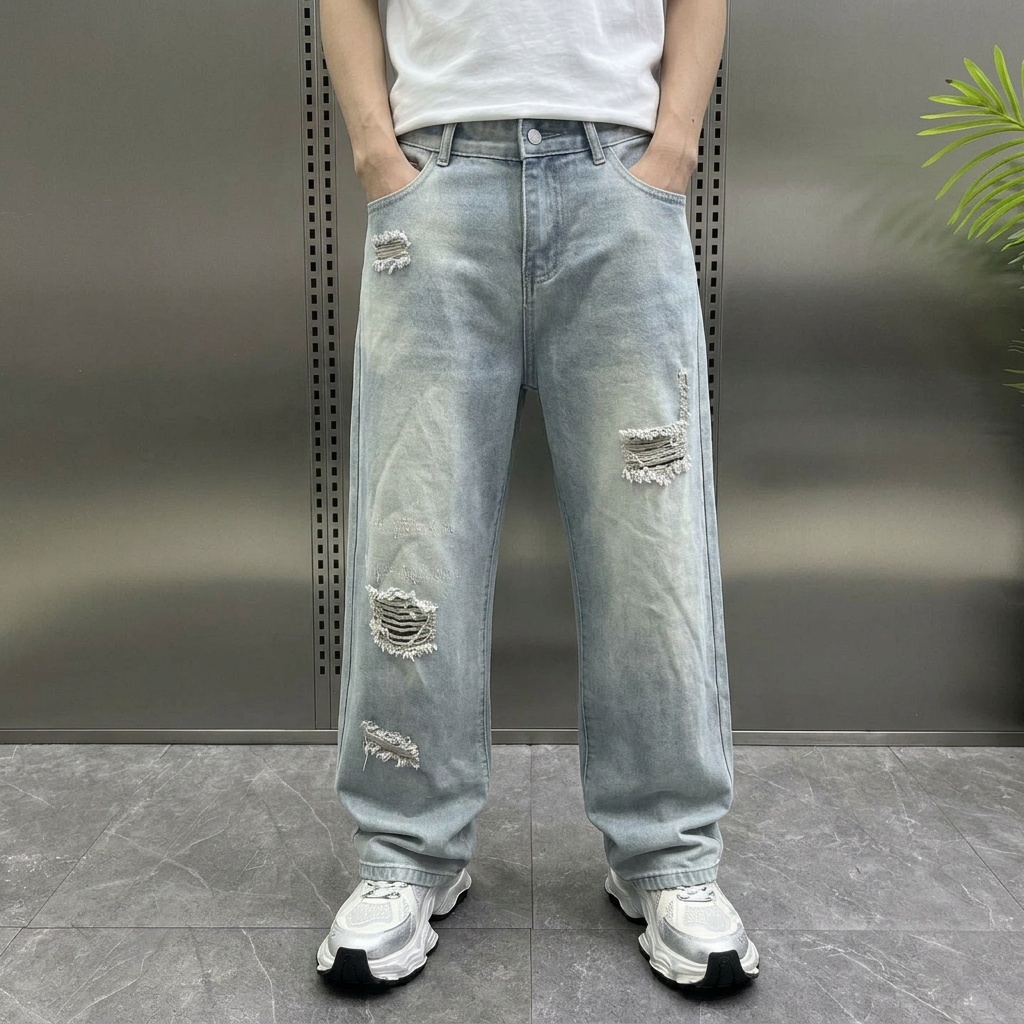 Celana Jeans Loose Fit Biru muda Pria Vintage Washed Sobek Celana Denim Longgar Korean Style Trend F