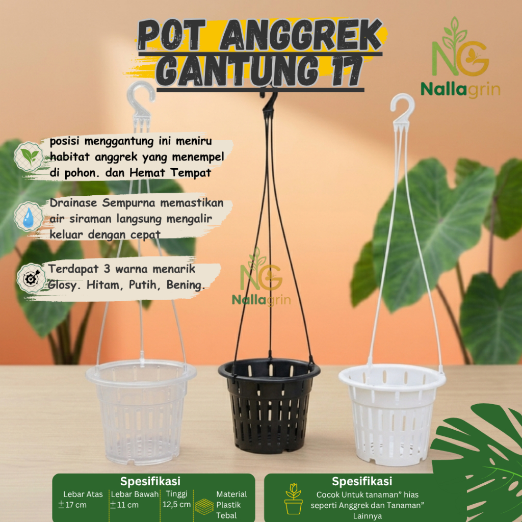 Pot Gantung Netpot NKT 17 Tanaman Bunga Anggrek Hitam Putih Bening
