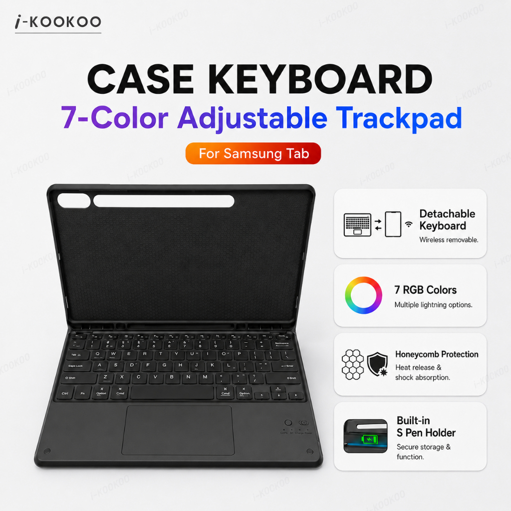 I-KOOKOO GALAXY KEYBOARD CASE TAB S9 FE 5G, Case Keyboard Touchpad LED Backlit with Keyboard for Gal