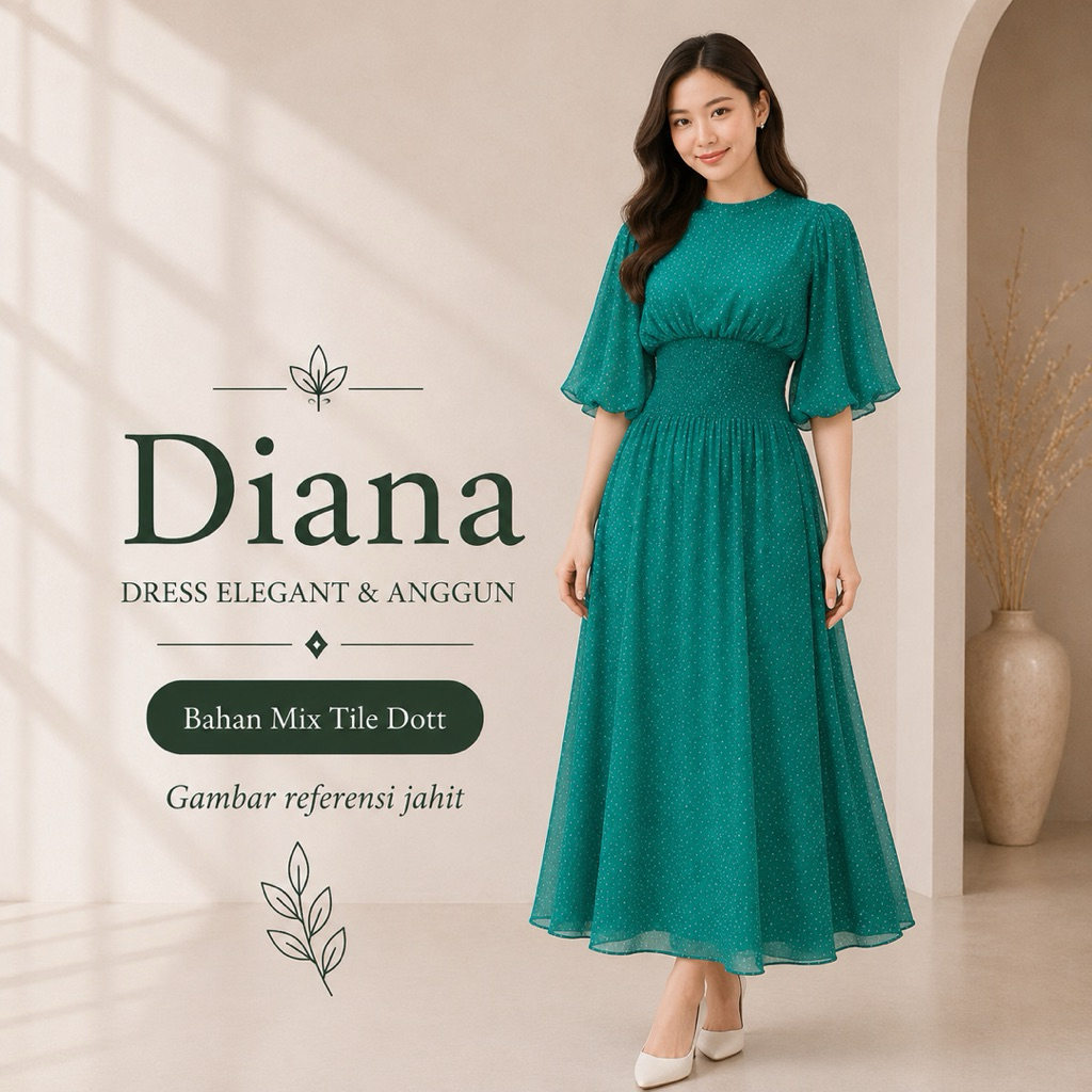 Chiobushop Diana Dress Mix Tile Dott | Dress Pesta Wanita Midi Lengan Puff | Dress Kondangan Bridesm