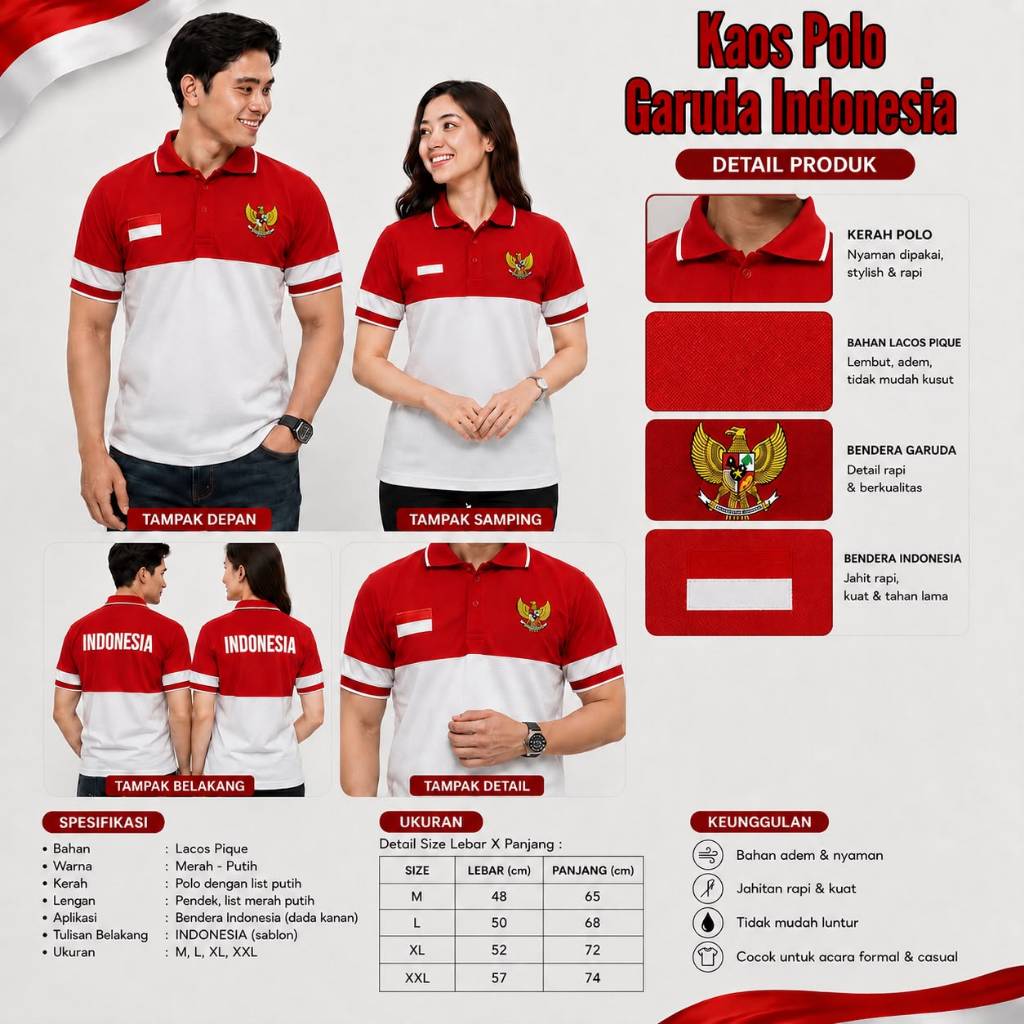 Kaos Kerah Merah Putih / Baju Merah Putih Logo Garuda Indonesia / Polo Shirt Logo Bordir Garuda - KA