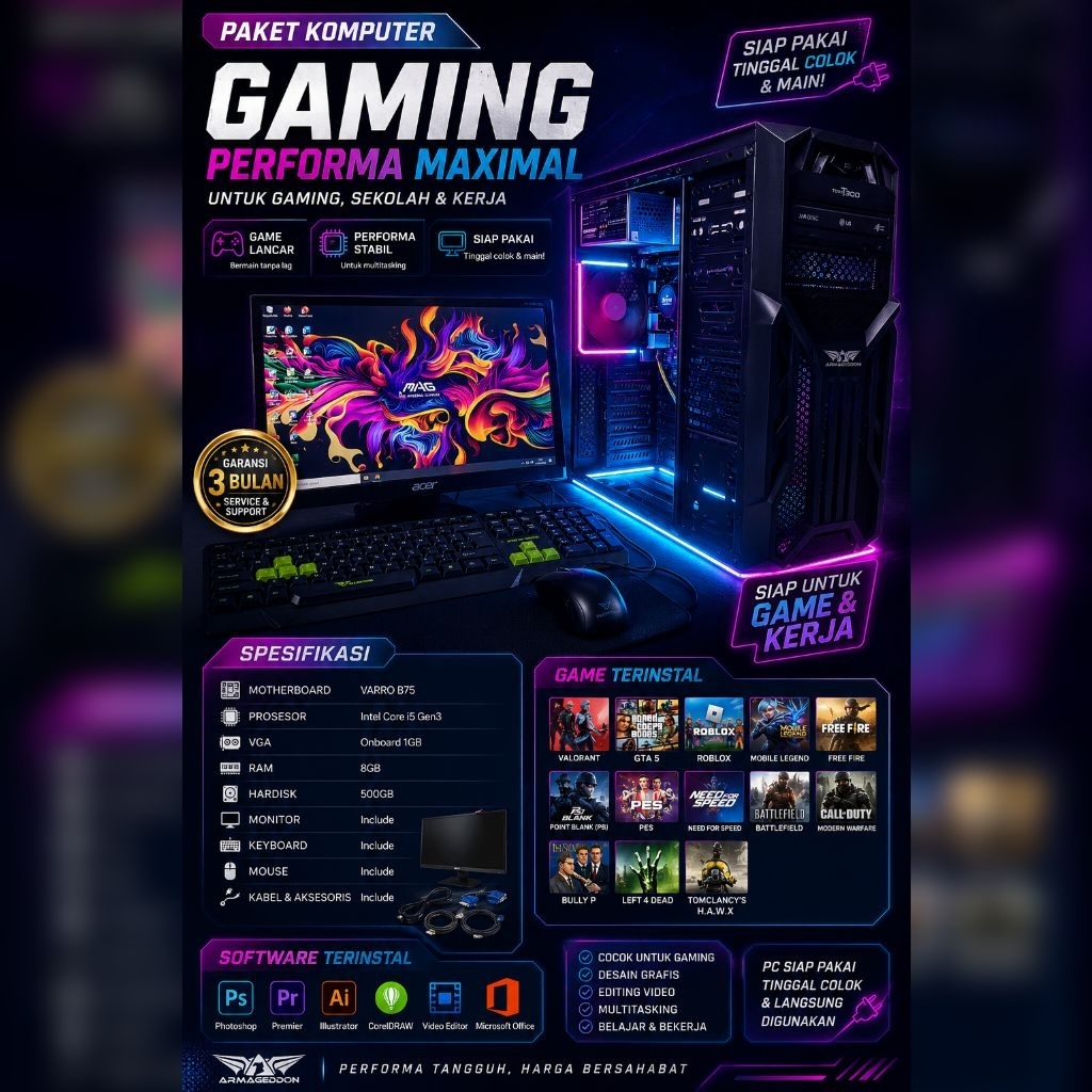 1 set komputer intel core i5 Gaming,Desain,editing,streaming