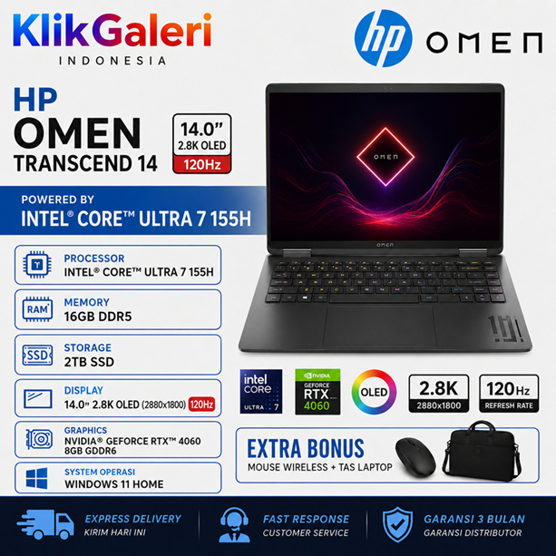 HP OMEN Transcend 14 OLED Intel Core Ultra 7 155H RTX 4060  16GB 1TB SSD Win11 Home Laptop Gaming