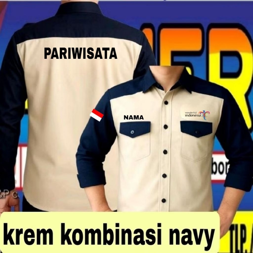 krem kombinasi navy ready stok full bordir kemeja pariwisata baju pariwisata seragam pariwisata Pdh 