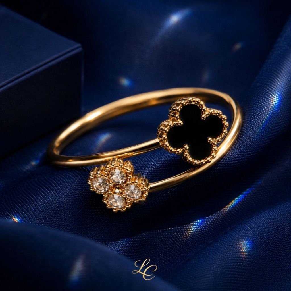 CINCIN TITANIUM TIPIS SLING BUNGA CLOVER HITAM MIX ALHAMBRA DIAMOND