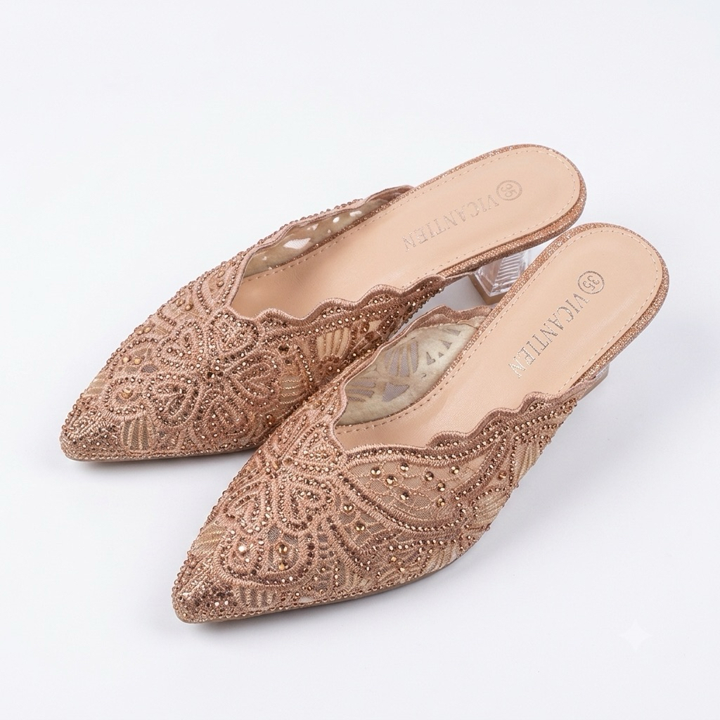 Sepatu Wanita Wedding Heels Payet Rosegold Anti Slip