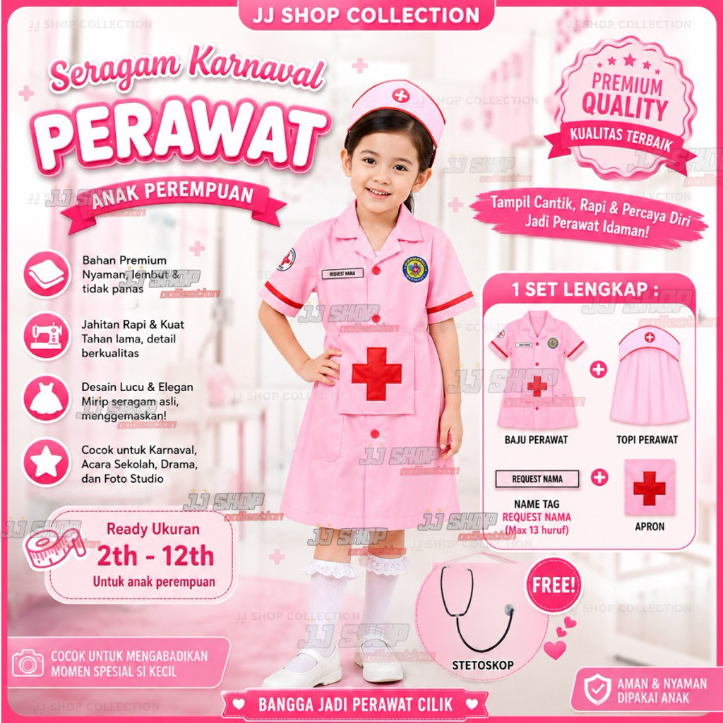 Baju Suster Perawat Pink (PMB) + REQUEST NAMA  BAJU SUSTER ANAK PINK (PMB) , BAJU PERAWAT , BAJU SUS