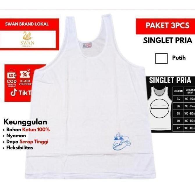 3Pcs Swan Kaos Dalam Singlet Pria Putih 100% Katun Original Nyaman Ukuran 34-44 Sku - 501