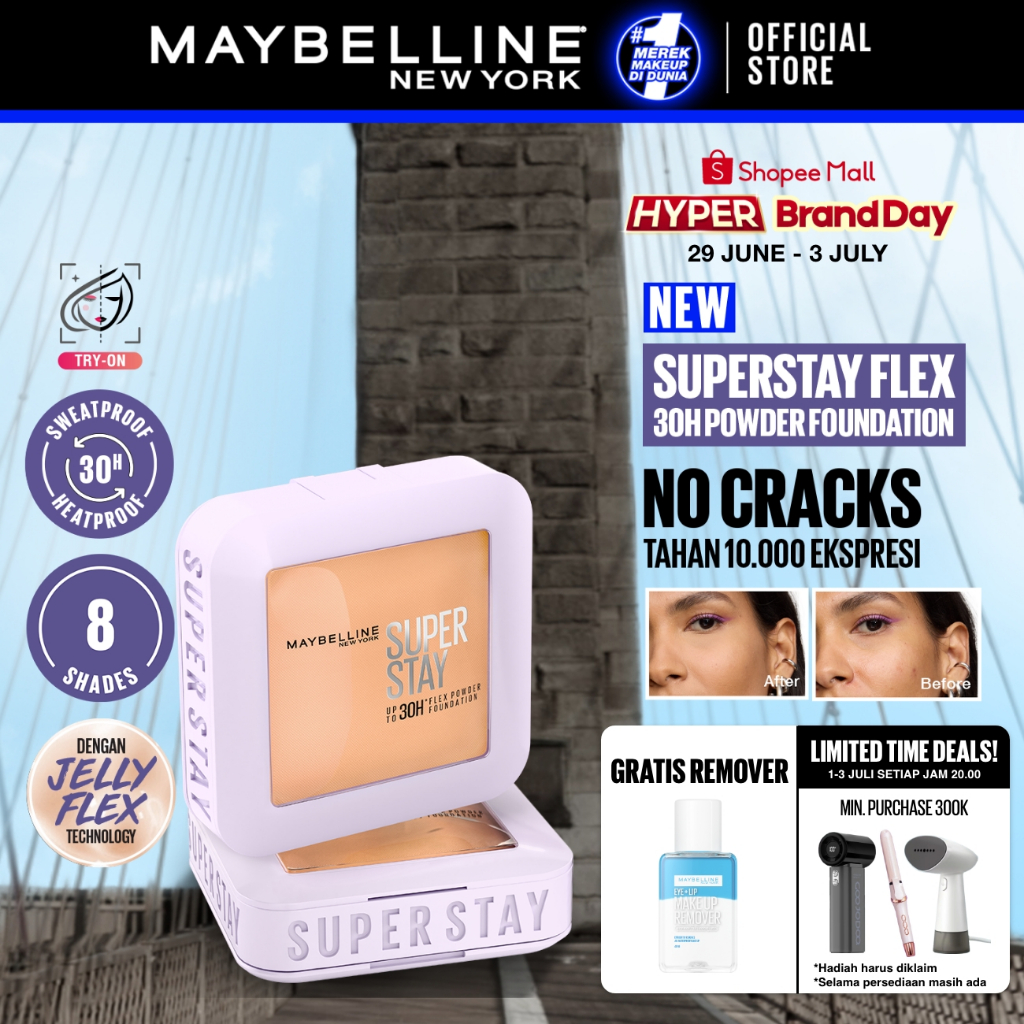 [BARU] MAYBELLINE OFFICIAL Superstay Flex Powder 30H Longwear Powder Foundation Two-Way Cake Oil Con