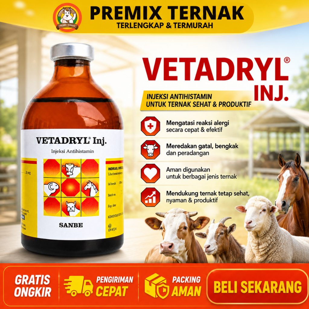 VETADRYL 100ML - Obat Hewan Antihistamin Ternak Sapi Kuda Kambing Babi Anjing Kucing SANBE