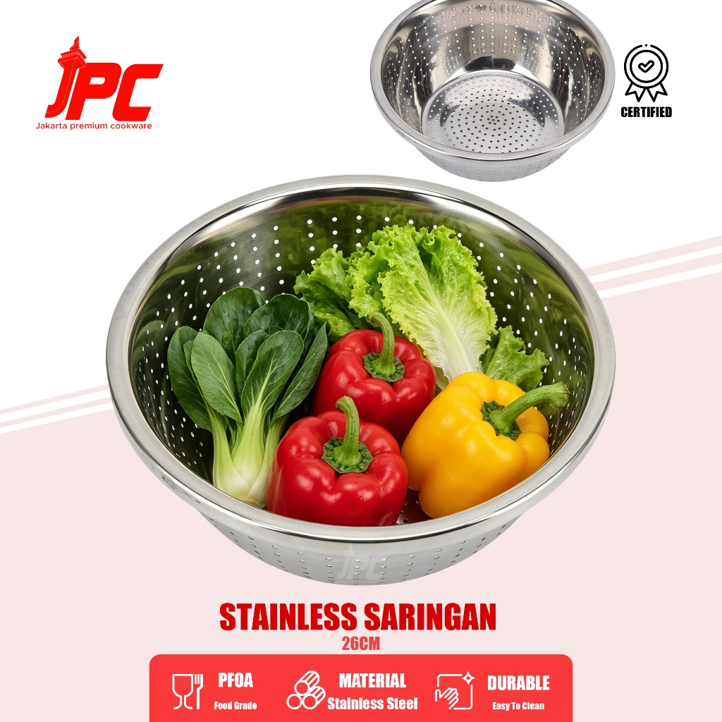 JPC 26CM BASKOM LUBANG STAINLESS STEEL-BAKUL NASI LUBANG TANPA TUTUP STAINLESS STEEL-SARINGAN TIRISA