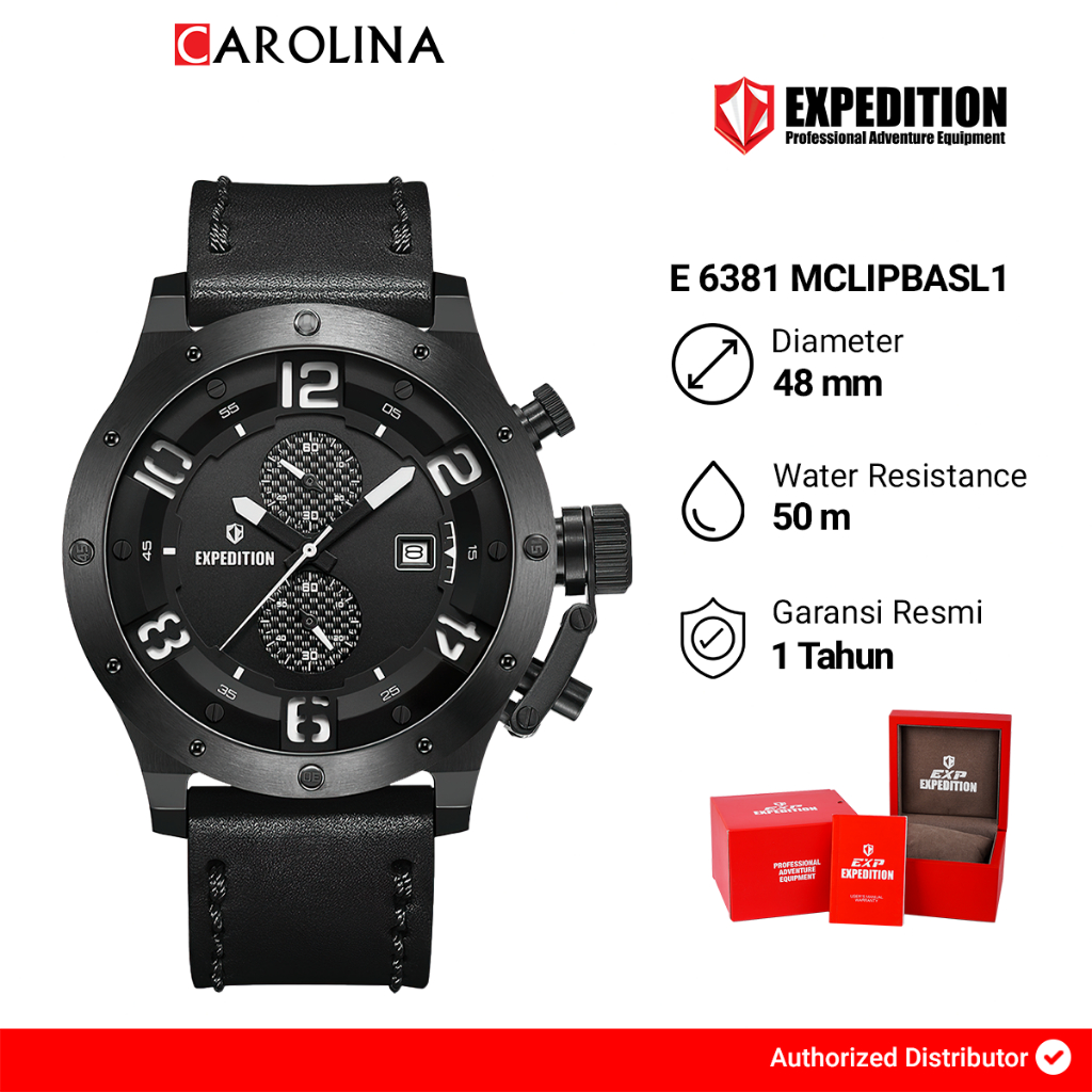 Jam Tangan Pria Expedition Chronograph E 6381 MCLIPBASL1 Black Dial Black Genuine Leather Strap