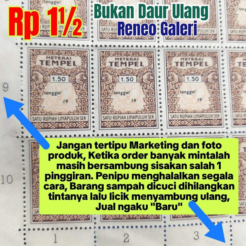 Materai 1,5 Rupiah tahun 1960 - 1970 asli original Matrai Rp 1.50 sen lama kuno Meterai 1961 1962 19