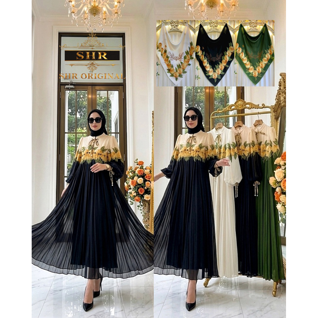 SIAP KIRIM “BY SHR ORI NEW” READY MIDI DRESS JUMBO BUNGA KEJUJURAN CERUTY PRINTING BY SHR ORI - EEN 