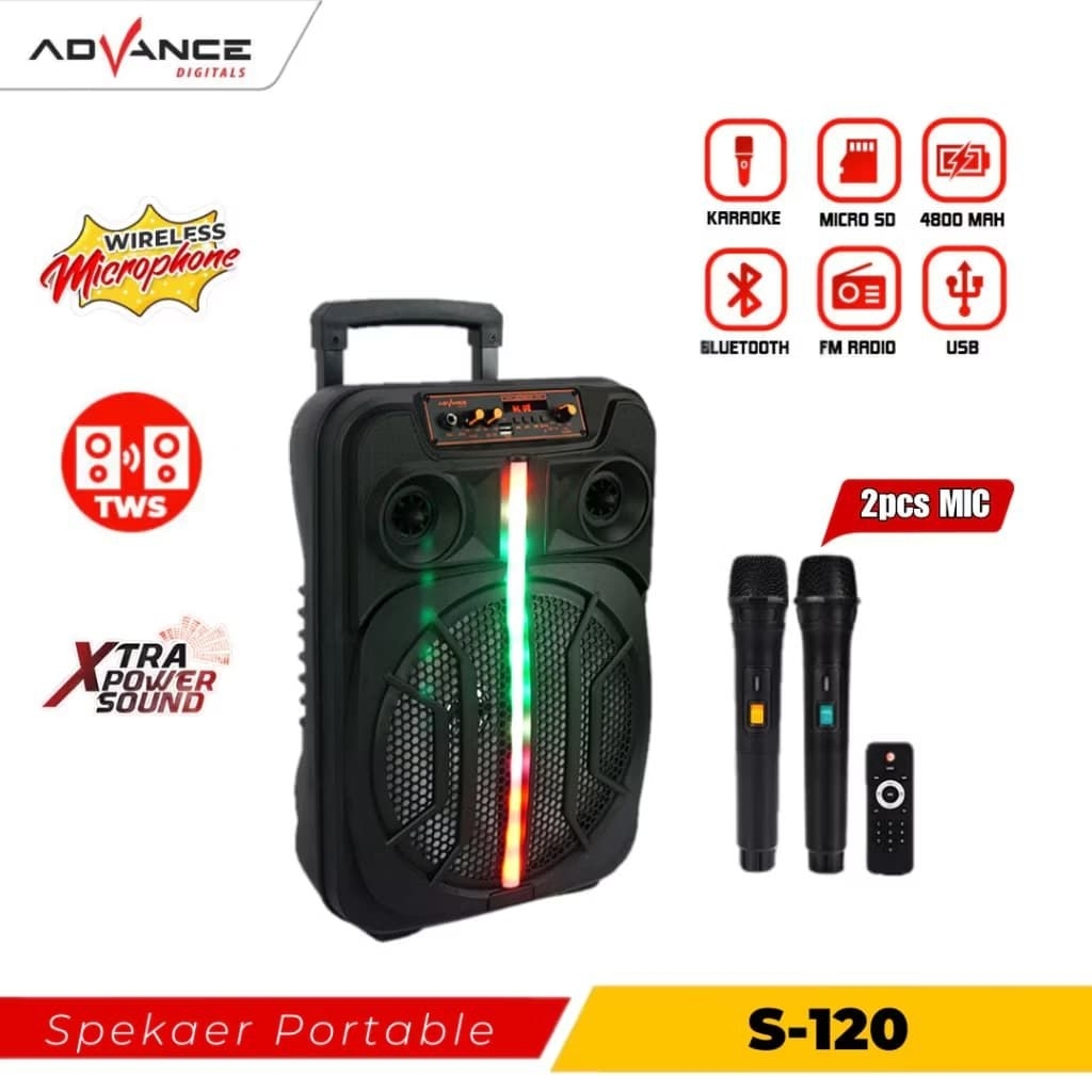 <PROMO> ADVANCE S-120 Speaker Portable 12 Inch Powerful 20W Super Bass Bluetooth Karaoke Free 2 Mic 