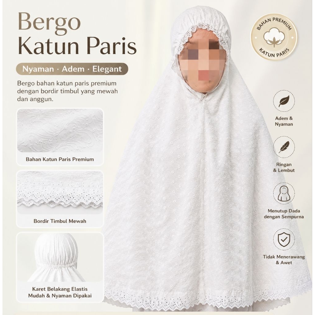 Bergo Full bordir Motif putih katun paris