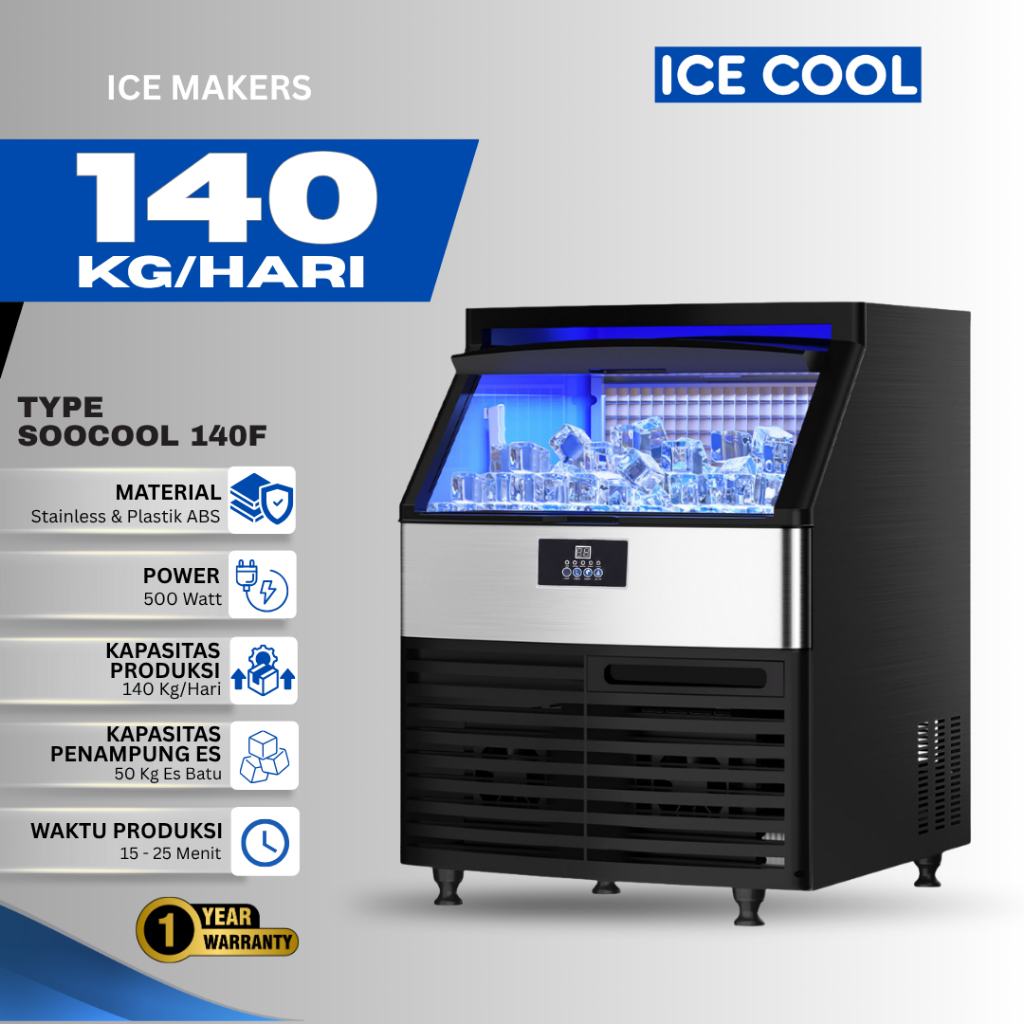 ICECOOL Ice Maker Mesin Pembuat Es Kristal Komersial 140Kg/24 Jam, Daya Rendah 500Watt