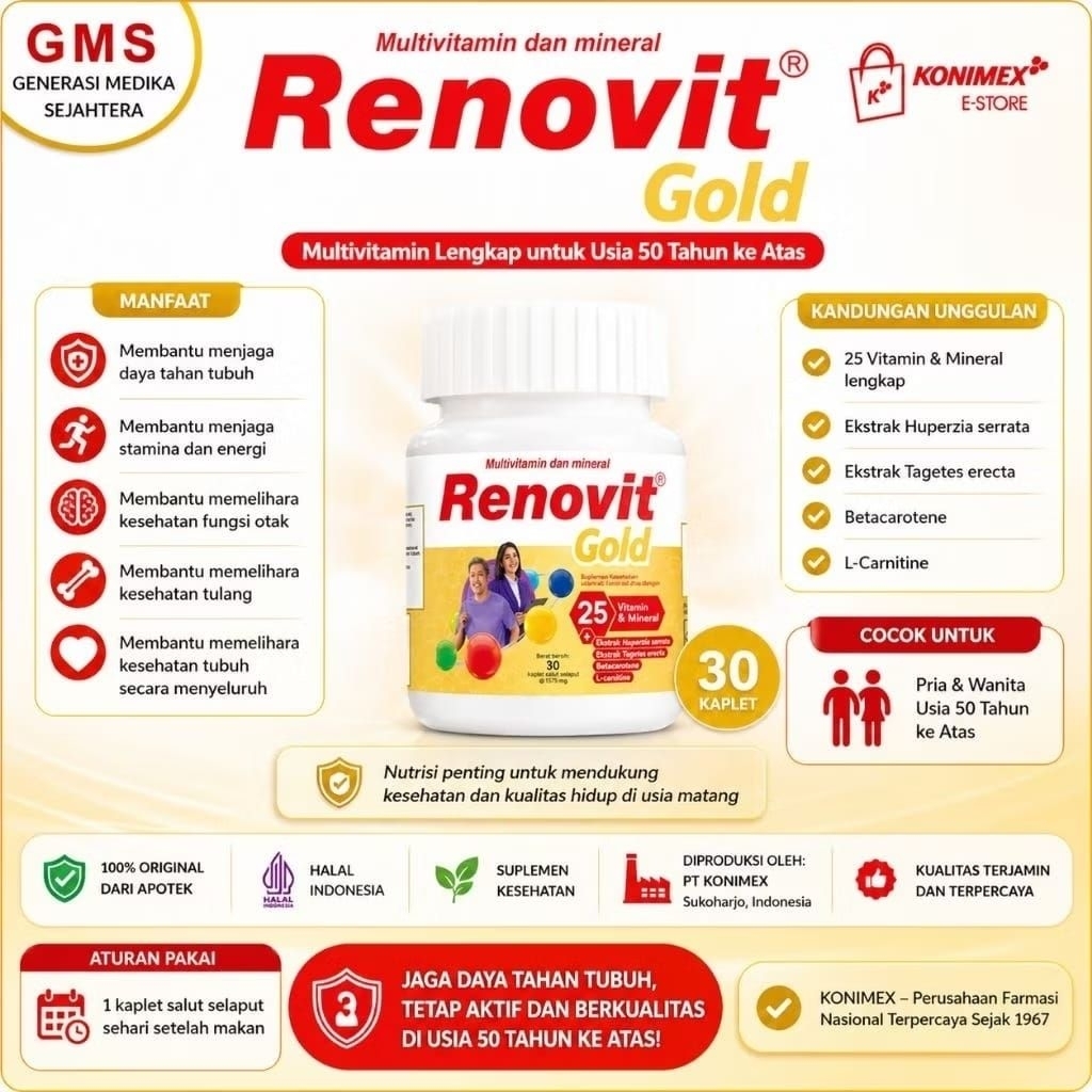 30 Kaplet Multivitamin Renovit Gold untuk Lansia