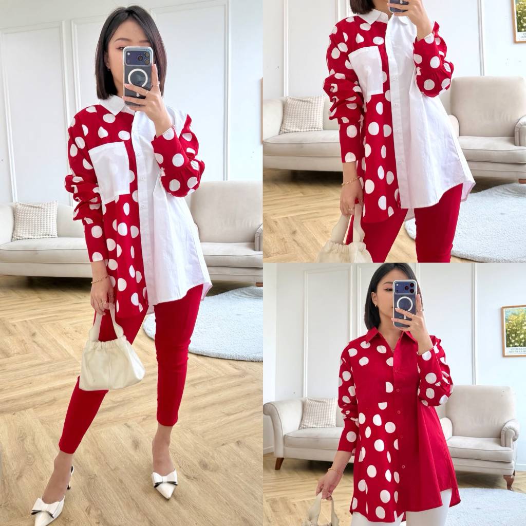 MBO ATASAN KEMEJA MERAH PUTIH POLKA DOT LENGAN PANJANG AGUSTUSAN OOTD KECE