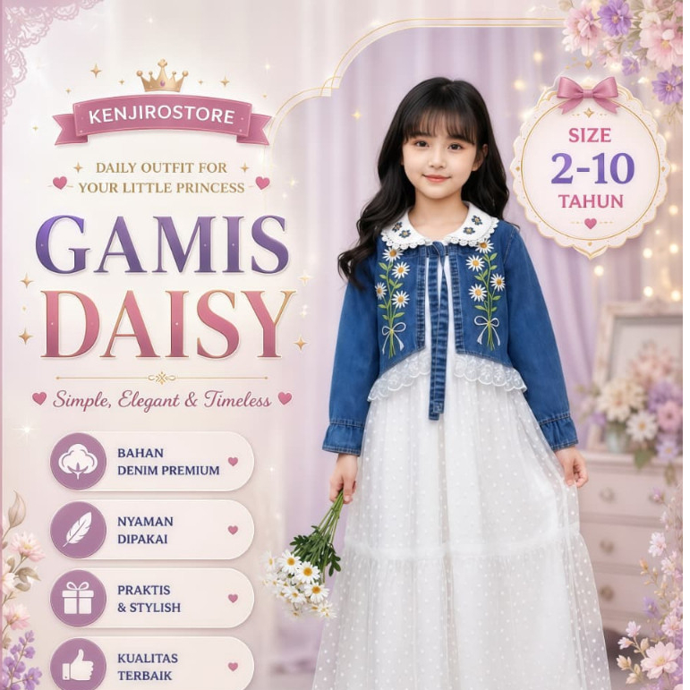 Midi Dress Jeans Anak Perempuan Gamis Denim Impor Korea Bahan Adem Usia 3-10 Tahun Sekolah Liburan P