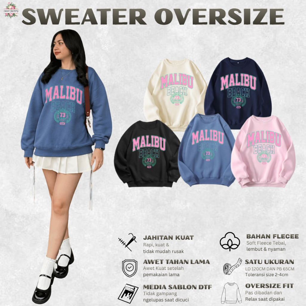 Sweater Crewneck Wanita Oversize Premium Murah Bahan Cotton Flecee Artikel Malibu