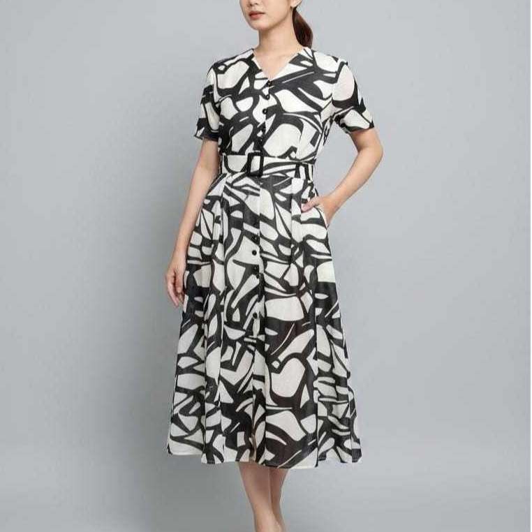 510894 | DRESS MIDI SHIFON ORGANZA PREMIUM NO STRETCH LENGAN PENDEK CREAM COKLAT