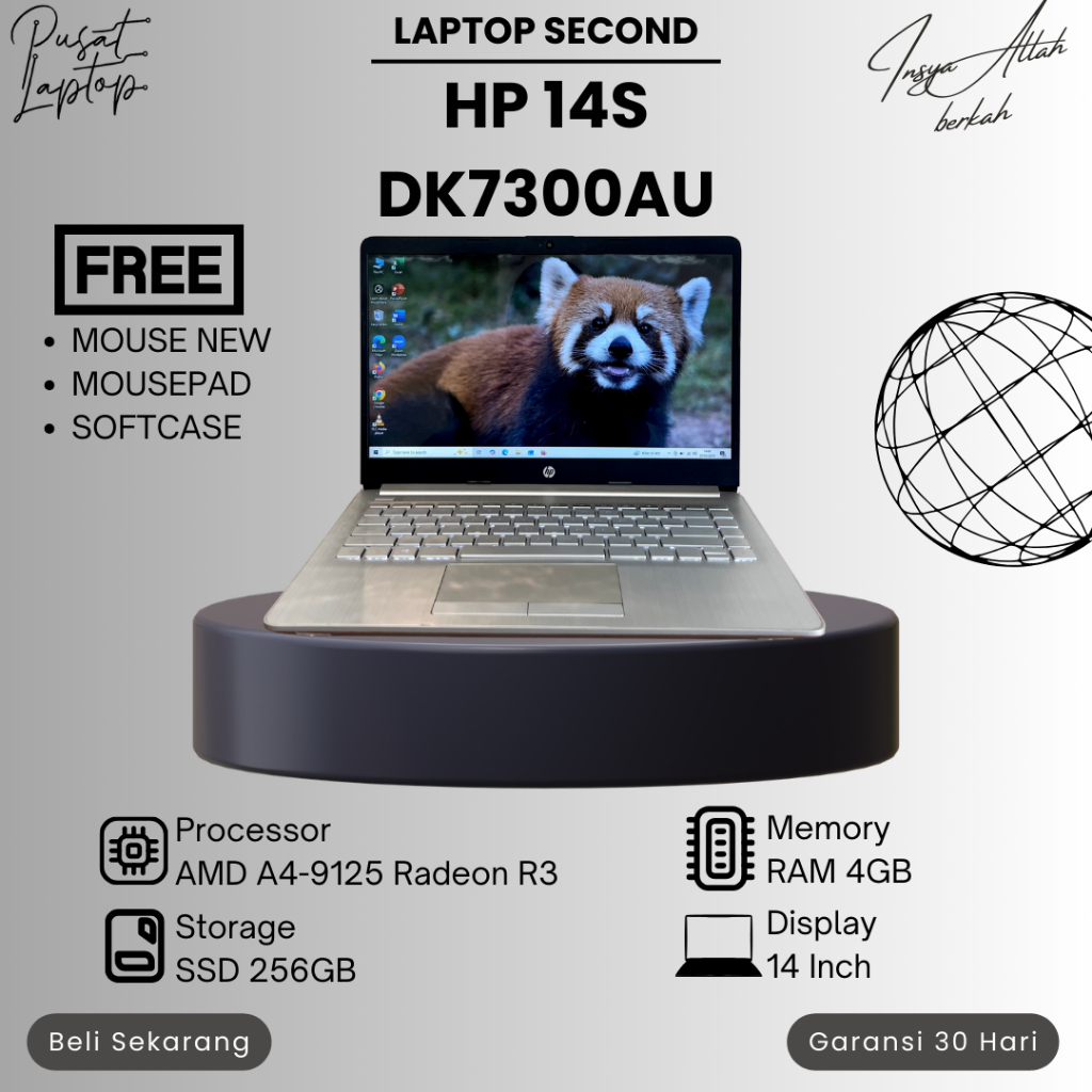 LAPTOP HP 14S-DK7300AU SECOND | AMD A4-9125 | RAM 4GB | SSD 256GB | 14INCH | NORMAL | BERGARANSI