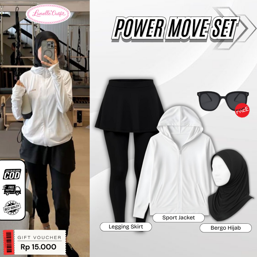 One Set 3in1 Outfit Olahraga (Jaket Dryfit+Rok Legging+Hijab+FREE Kacamata) Gym/Padel/Pilates LO059