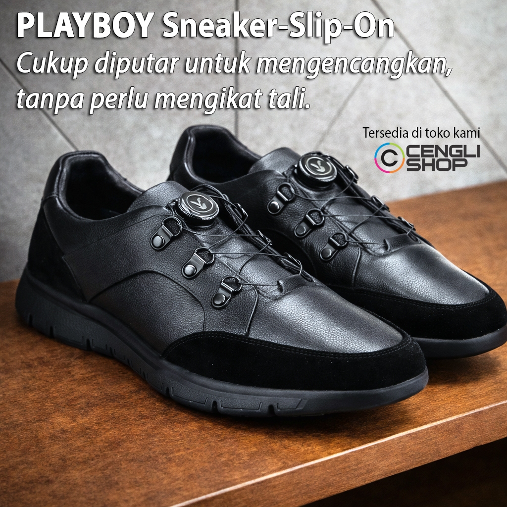 PLG7 SEPATU PRIA PLAYBOY ORIGINAL SNEAKER SLIP ON KULIT HITAM