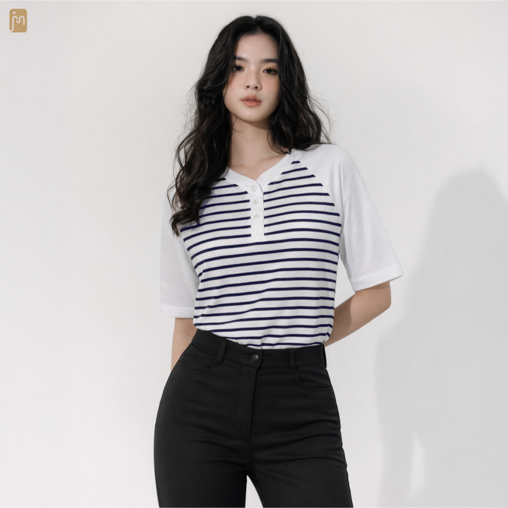 JSM - Jodie Stripes Crop Button T-Shirt | Baju Wanita | Atasan Wanita | Kaos Wanita Terbaru