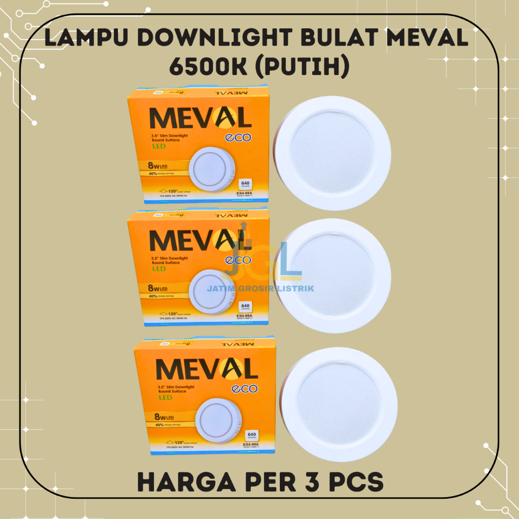 PAKET (3 PCS) Lampu LED Downlight Meval Bulat 8 Watt 3,5" Slim Downlight MEVAL