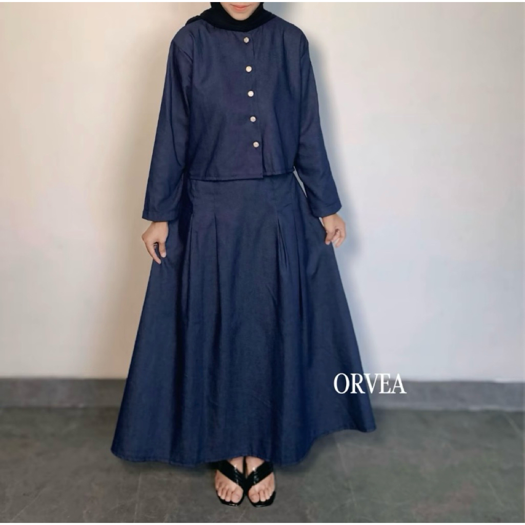 CLREY - ( READY )NAIMA ONE SET DENIM Wanita Premium Setalan Jeans Wanita Rok Panjang Mayung Muslimah