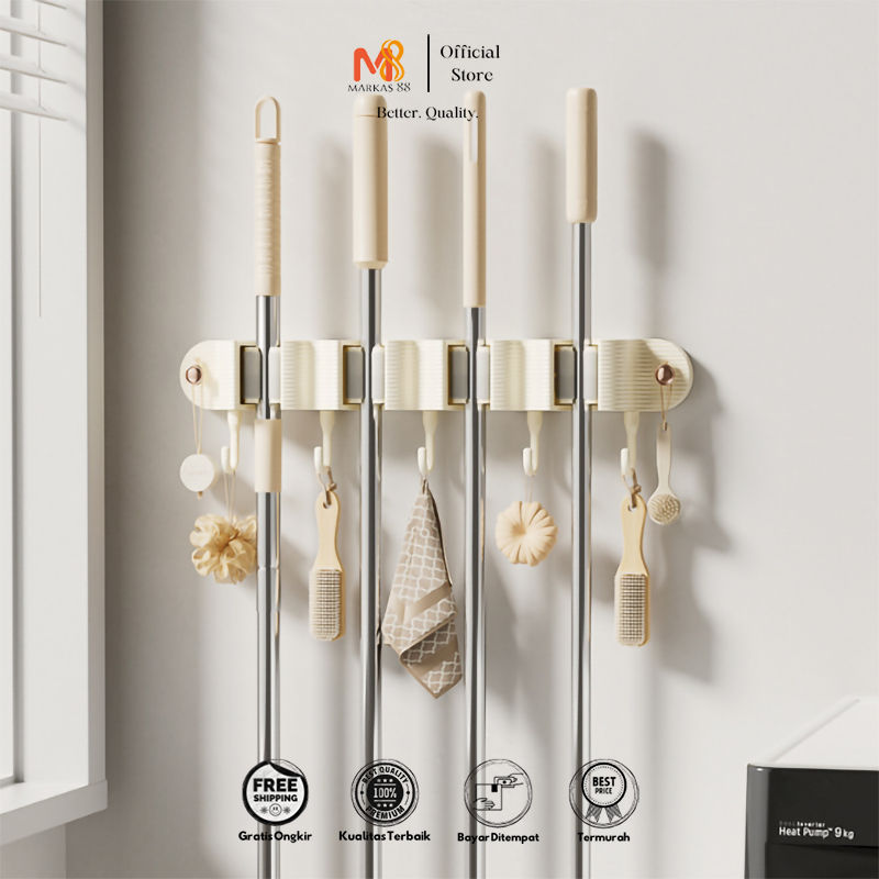MARKAS88 Penjepit Sapu Pel Panjang Gantungan Sapu Pel Dinding Serbaguna Mop Holder Multifungsi