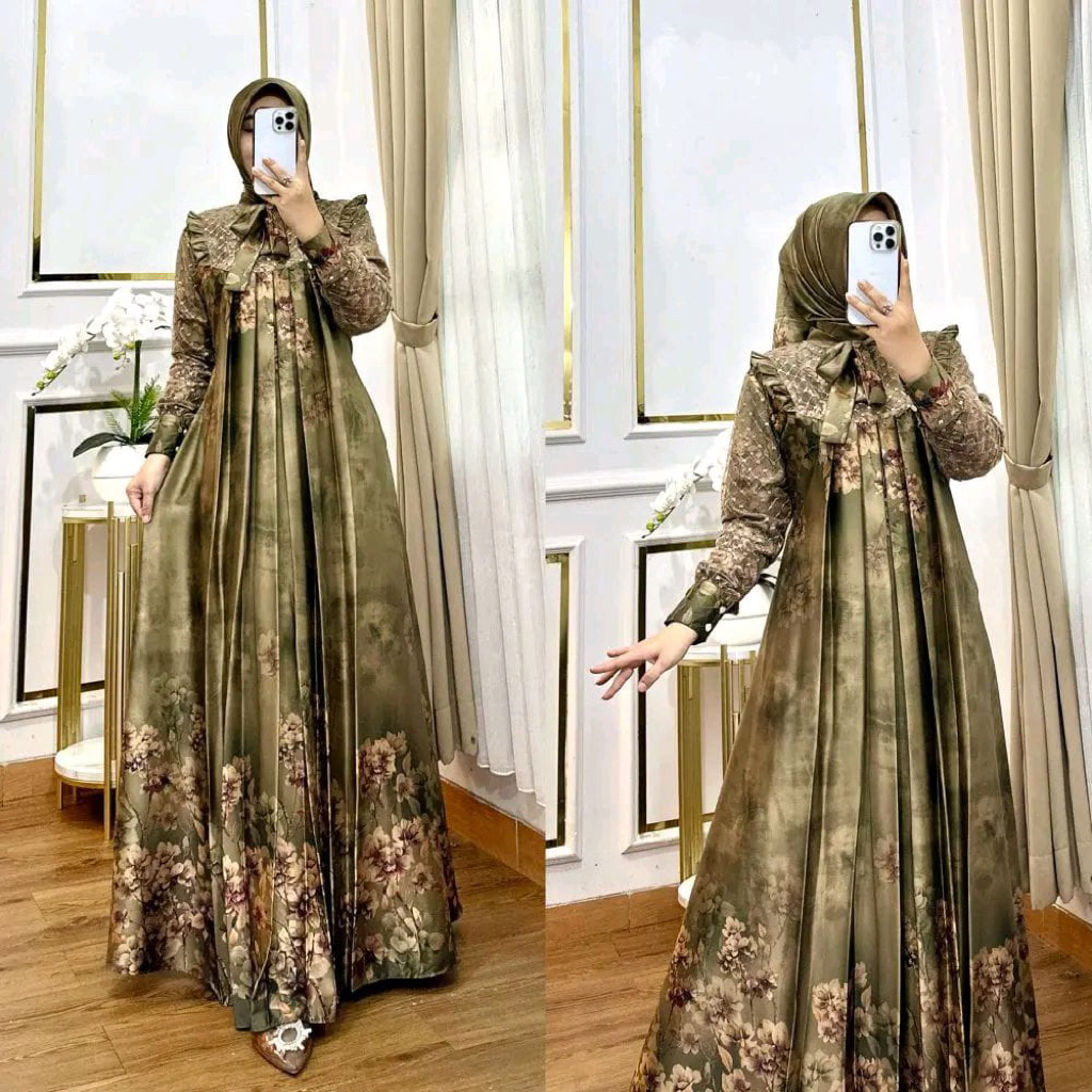 Terbaru gamis motif armany brown kombinasi tile set hijab/dres fashion mewah muslim pesta kondangan 