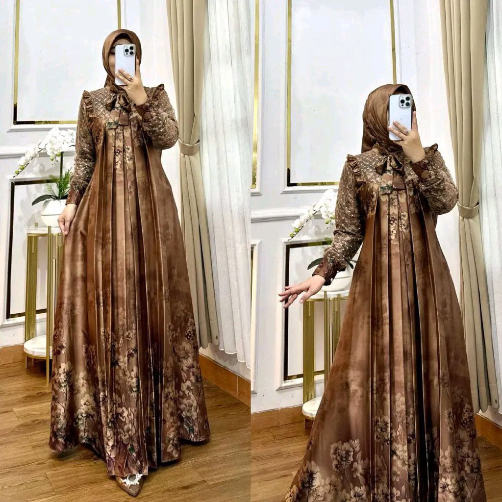 Terbaru gamis motif armany brown kombinasi tile set hijab/dres fashion mewah muslim pesta kondangan 