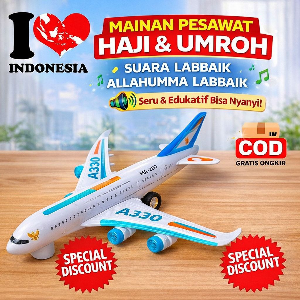 TERLARIS mainan pesawat labaik allahumma labaik, pesawat mainan haji dan umrah, mainan pesawat jalan