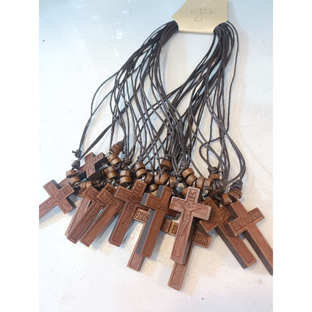 Kalung Tali Salib Kayu Segi Jerusalem QTM064A (7356) - Kalung Salib - Kalung Tali Salib - Kalung Kay