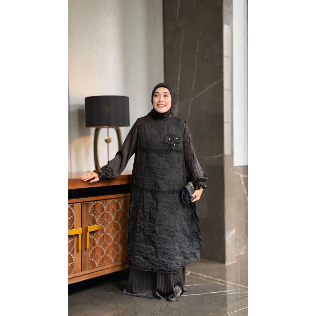 GAMIS WANITA SILKY LINEN PREMIUM || GAMIS KONDANGAN || AUDREY DRESS WARNA BLACK EAZY STYLE