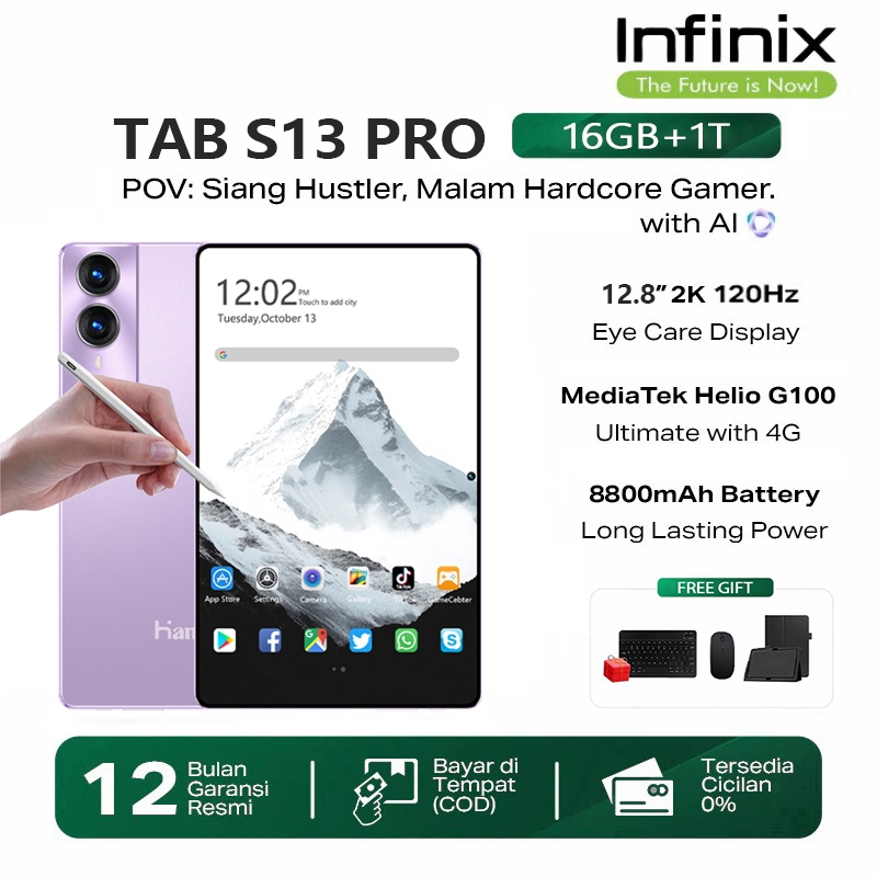 INFINlX Asli Baru Tab S13 PRO 12.8" IPS Screen 120Hz 4G/5G WFiAndroid Tablet murah cuci gudang 16GB/