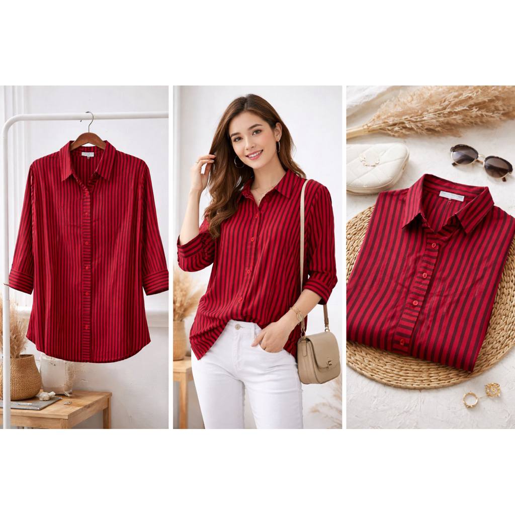 Blouse Wanita Tunik Garis Merah Hitam