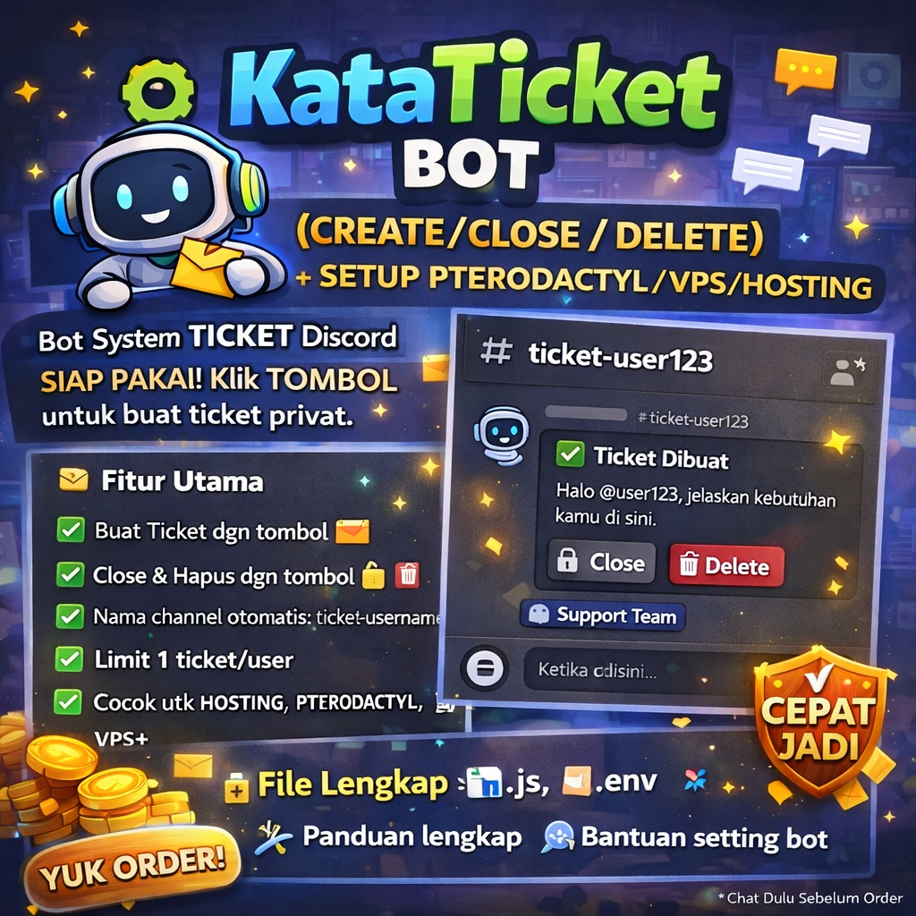 Bot Ticket Discord Otomatis | Panel Button | Private Ticket | Support System V.1 Simple