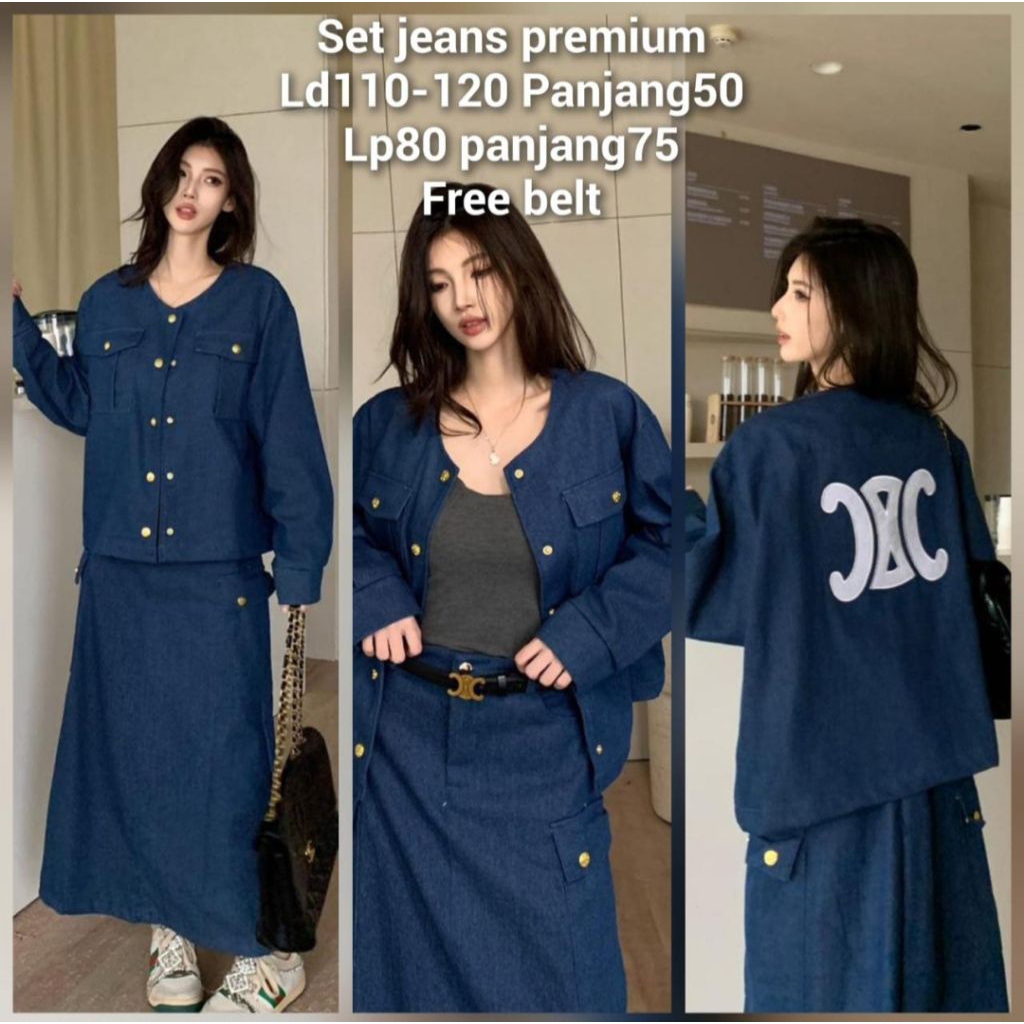One set rok denim import setelan wanita