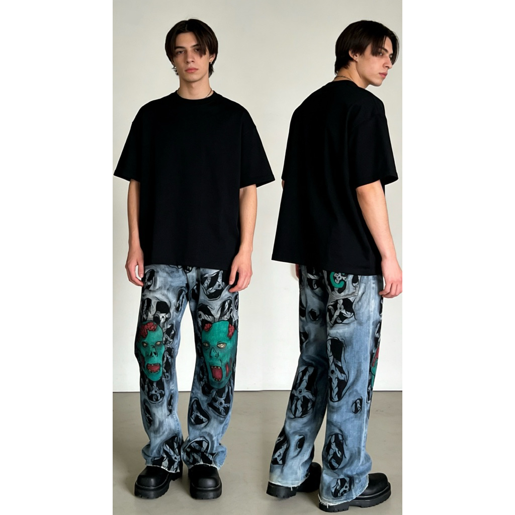 Reworked Custom Hand Painted Old Blue Jeans "ZOMBIE" (32x30)