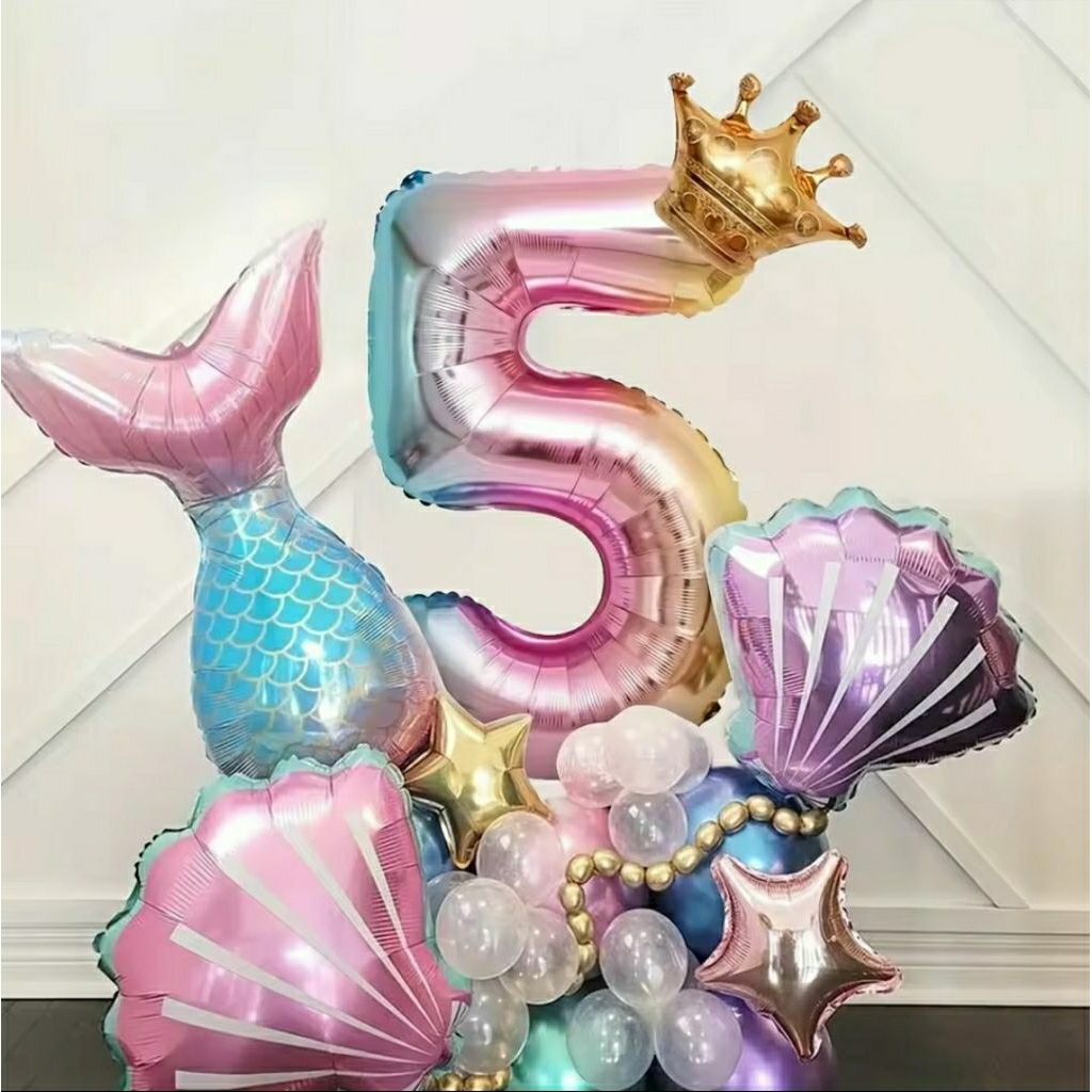 Set paket balon foil angka 80cm warna warni gradasi rainbow tema mermaid putri duyung ekor tail stan