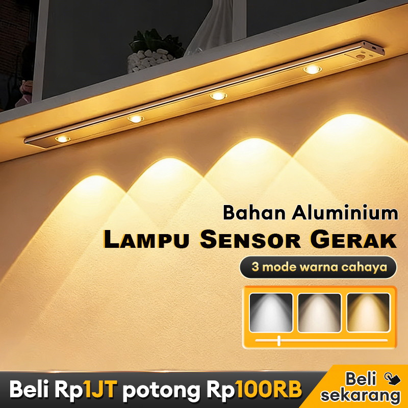 Lampu Sensor Gerak Lampu Lemari 3 Warna Aluminium USB Lampu Strip LED Untuk Dapur Lorong