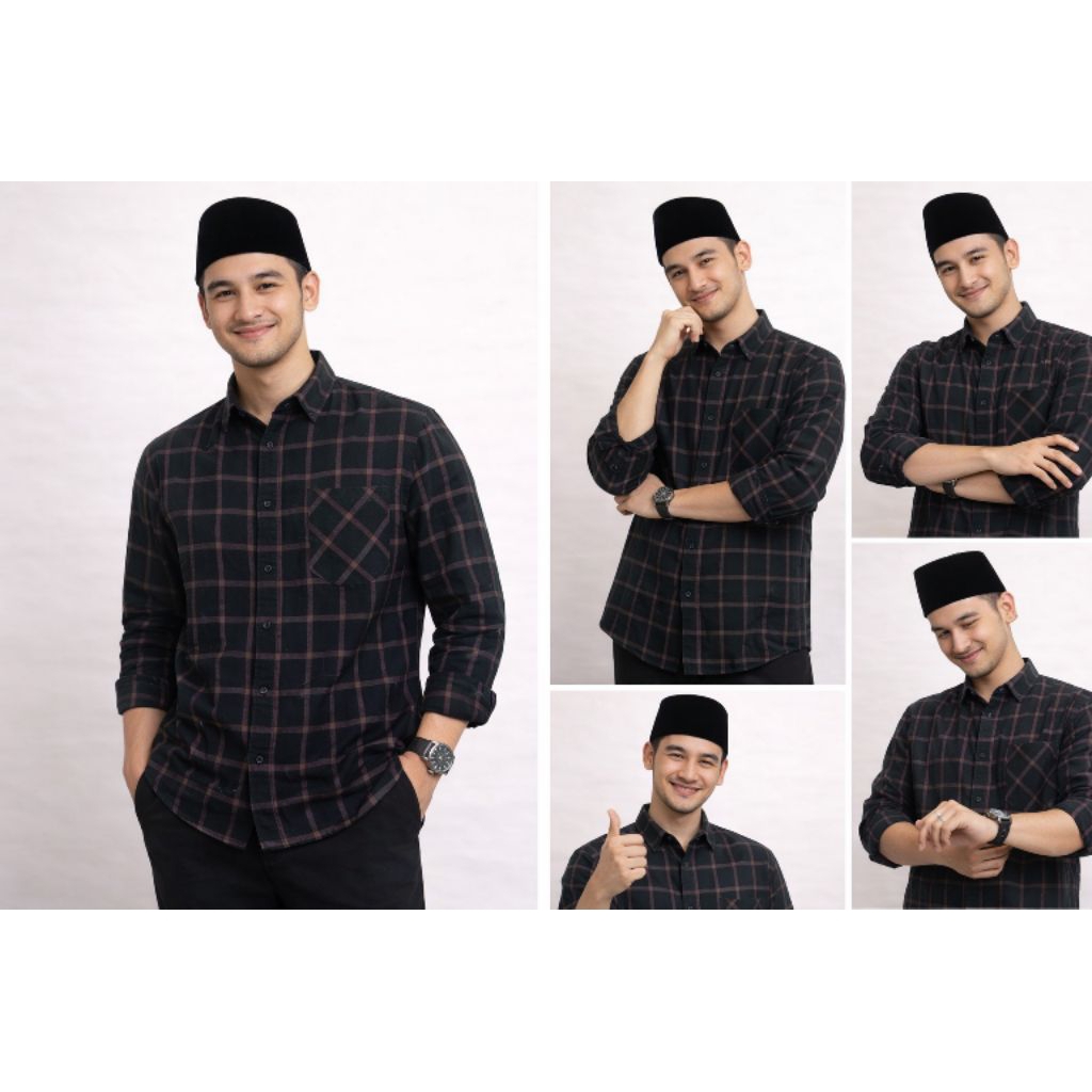 Kemeja Flanel Pria Wanita Lengan Panjang Motif Kotak-Kotak Warna Hitam Garis Putih