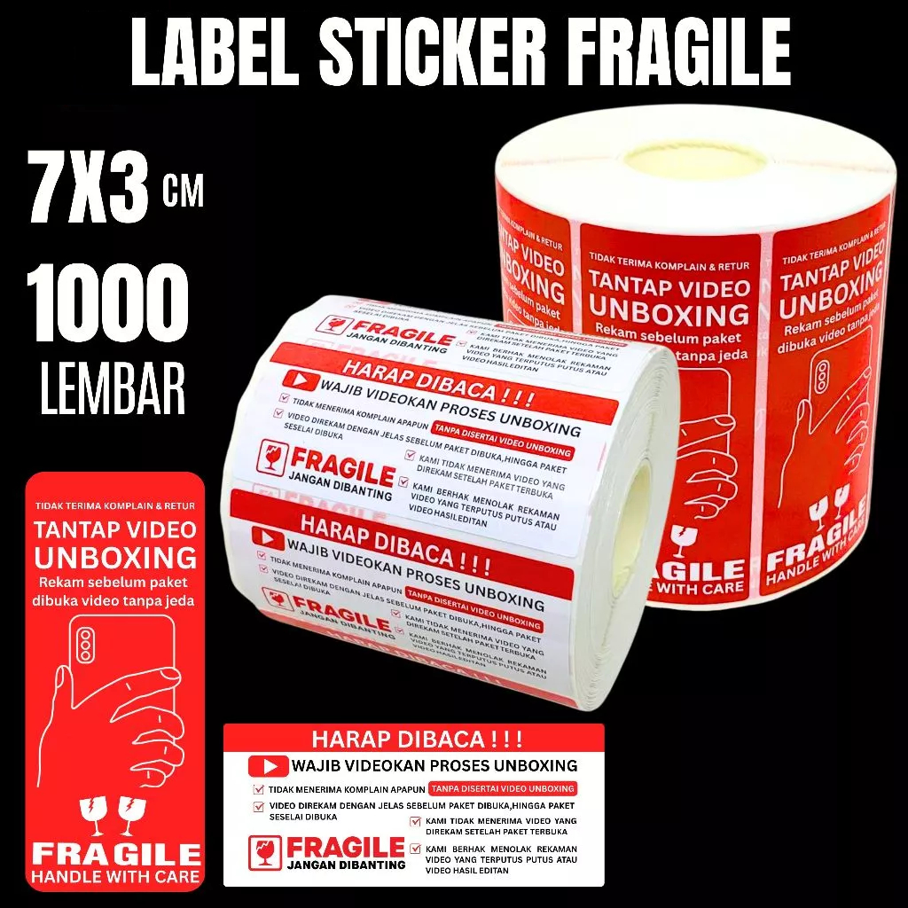 Stiker Sticker Label Tempelan Tempel isi 1000 Buka Paket Fragile Online Shop Wajib Video Unboxing Warning Pengiriman Kardus Plastik Polimailer Hati Hati Buka Paket Recording 70 x 30 isi Full +- 1000 pcs 1000pcs Kecil 70x30mm Bahasa Indonesia