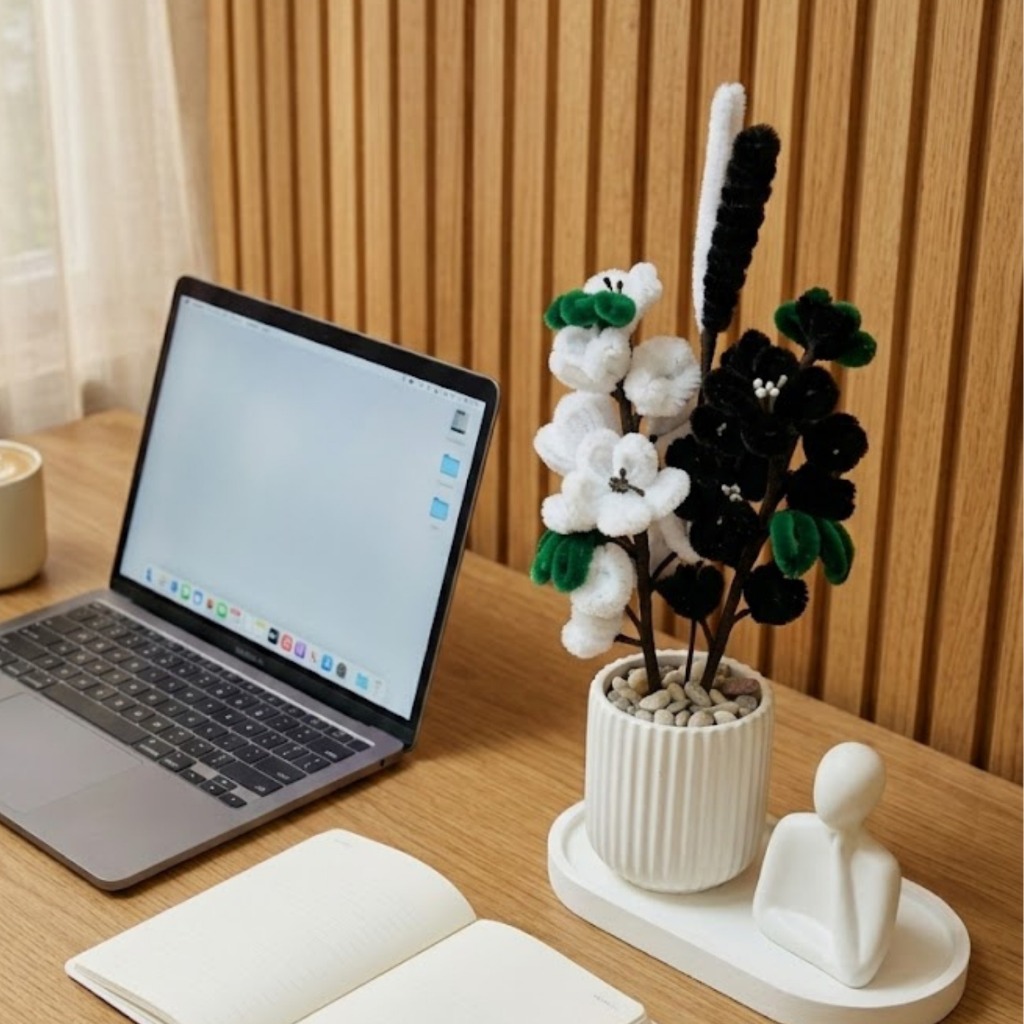 1 SET BUNGA SAKURA HITAM KAWAT BULU AESTHETIC TERMASUK VAS + COASTER OVAL CONCREATE HIASAN RUMAH SUD