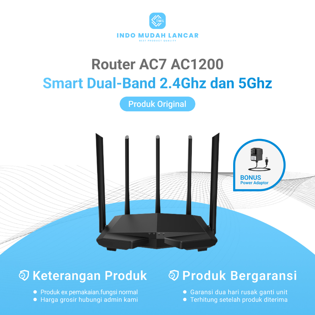 Router Tenda AC7 AC1200 Dual-Band 2.4GHz dan 5GHz 5 Antena Bekas Original Bonus Adaptor