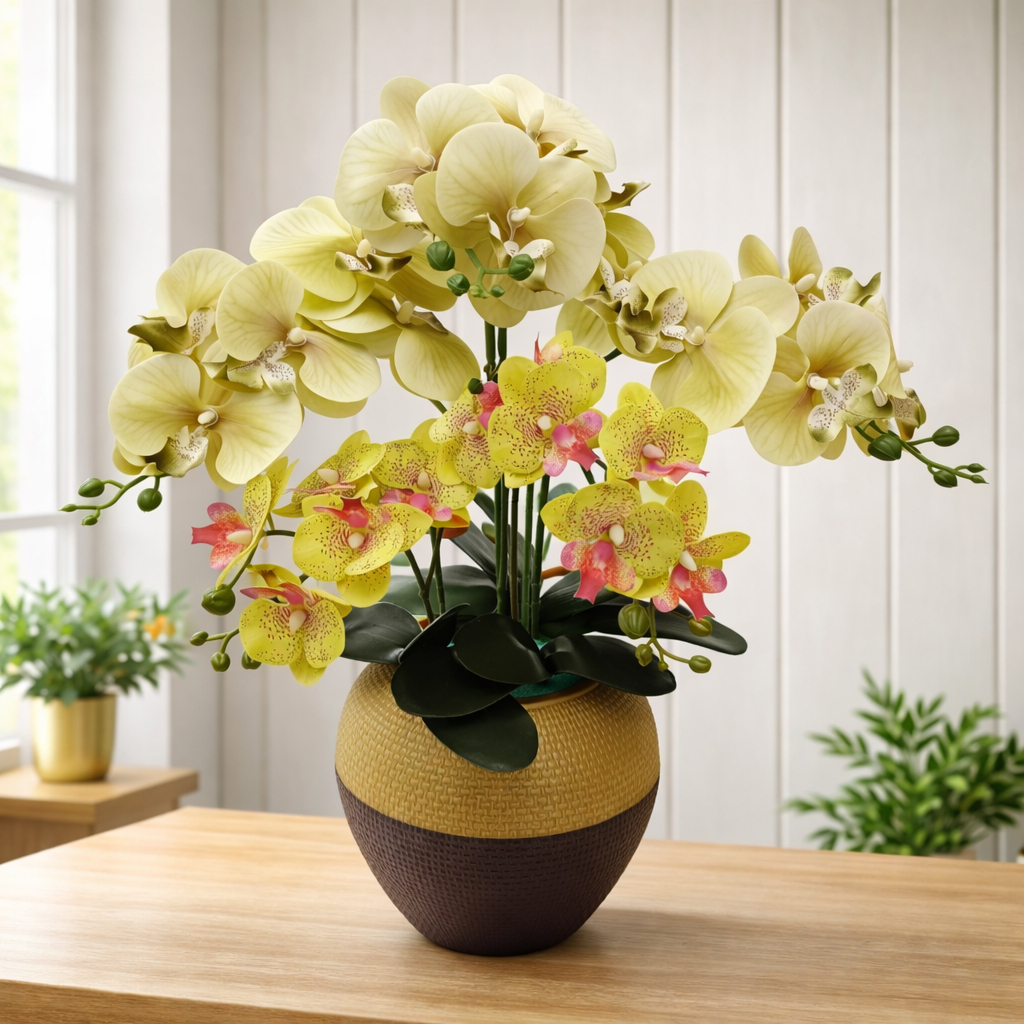 Dekorasi Lebaran Mewah 1 Set Anggrek Putih Artificial Real Touch Dengan Vas Emas Hiasan Meja Tamu